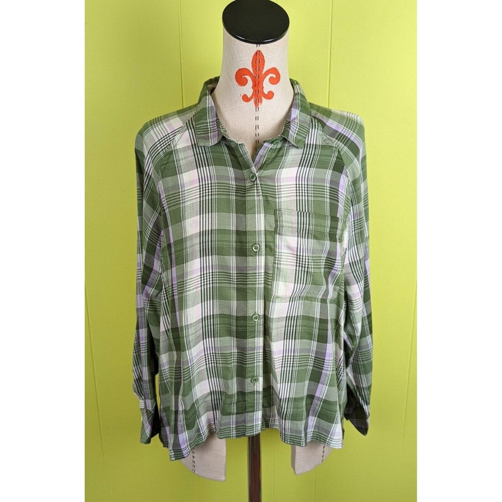NWT Arizona Jean Co Women 3XL Hi Low Hem Button Up Shirt Hedge Green Plaid Soft